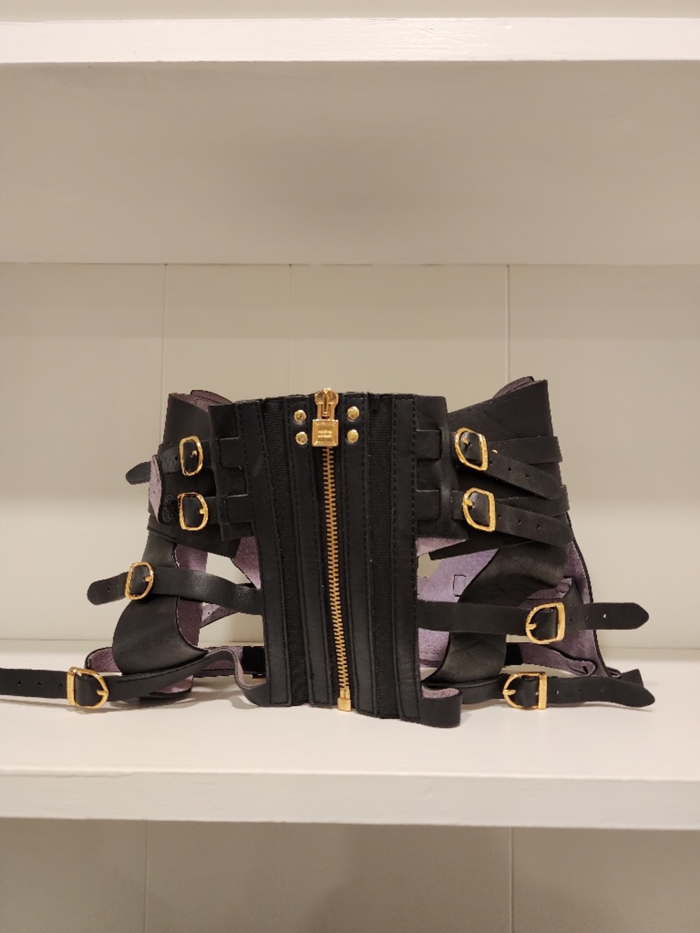 Hervé Legér Strappy Black Leather Corset Harness Belt with Gold Hardware